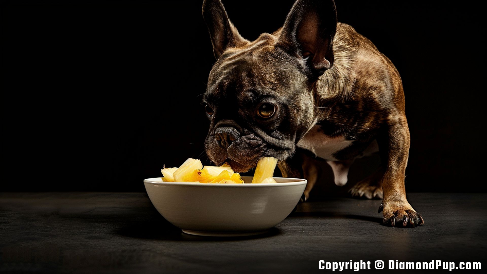 Photo of a Cute French Bulldog Snacking on Pineapple