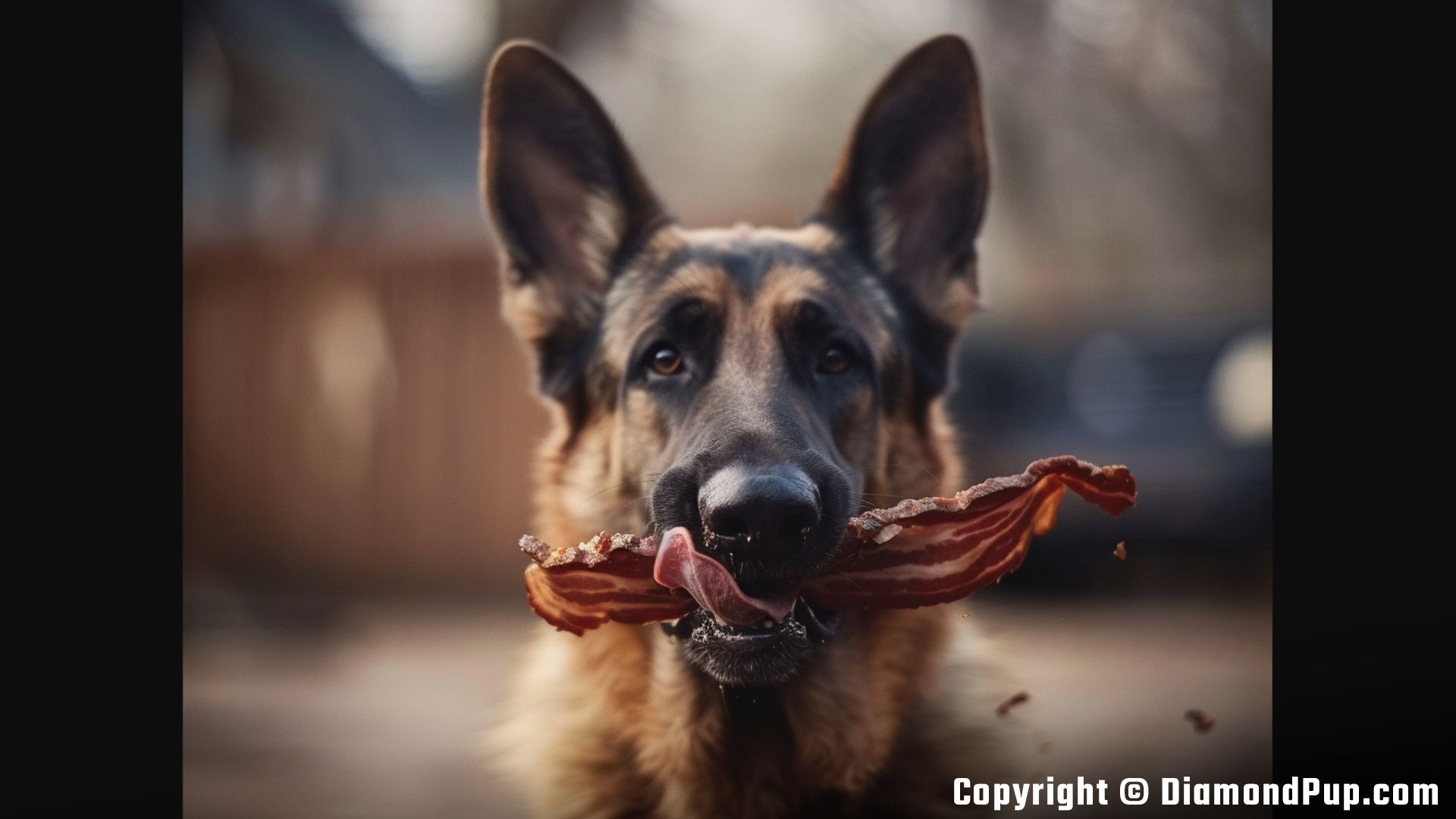Photo of a Cute German Shepherd Eating Bacon