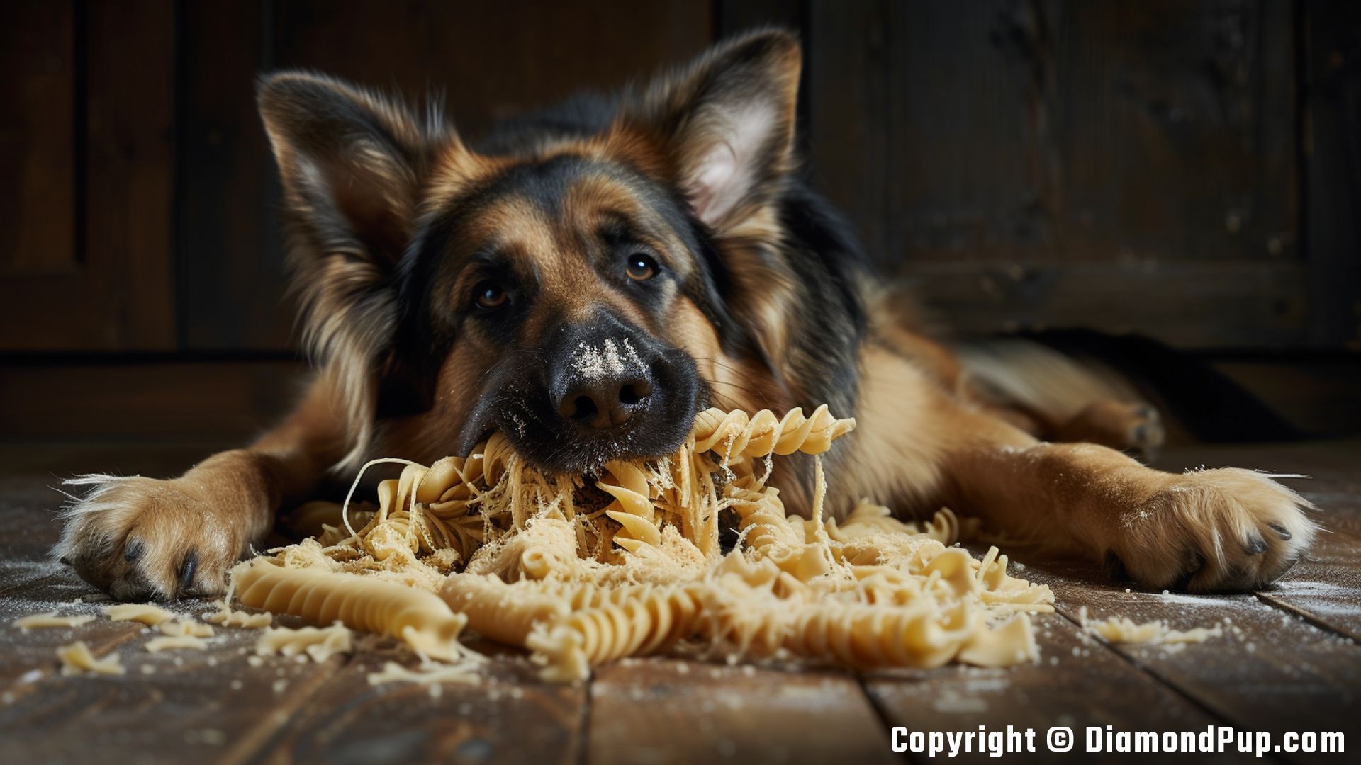 Photo of a Cute German Shepherd Eating Pasta