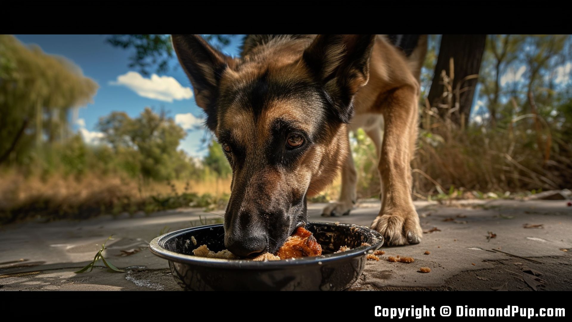 Photo of a Cute German Shepherd Snacking on Chicken