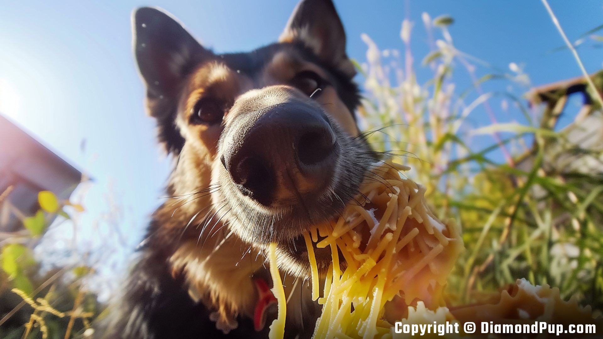 Photo of a Cute German Shepherd Snacking on Pasta