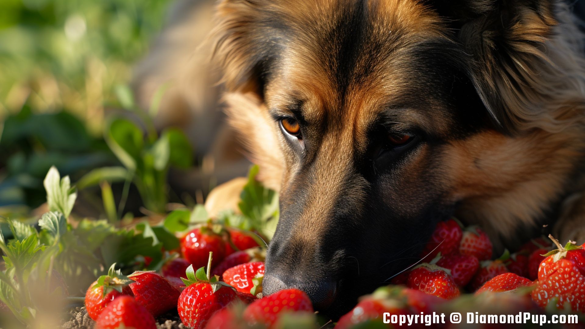 Photo of a Cute German Shepherd Snacking on Strawberries