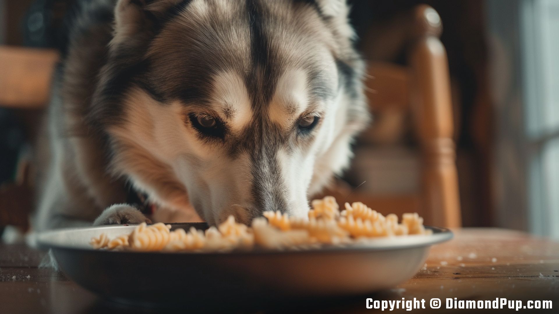 Photo of a Cute Husky Eating Pasta