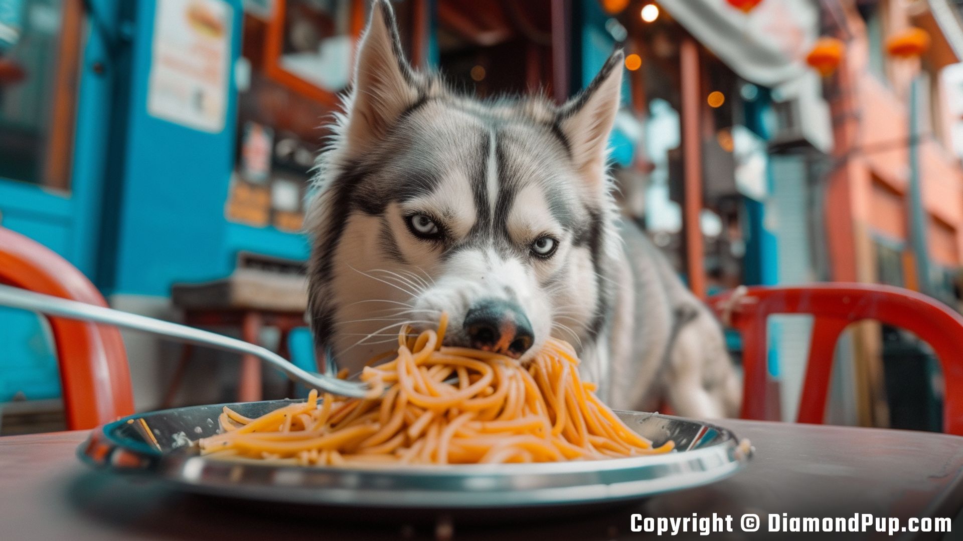 Photo of a Cute Husky Snacking on Pasta