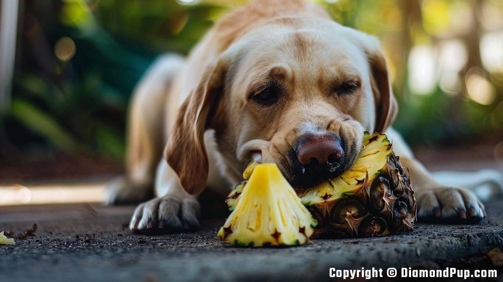 Photo of a Cute Labrador Eating Pineapple