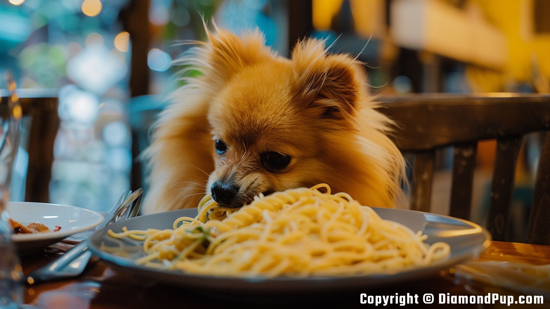 Photo of a Cute Pomeranian Snacking on Pasta