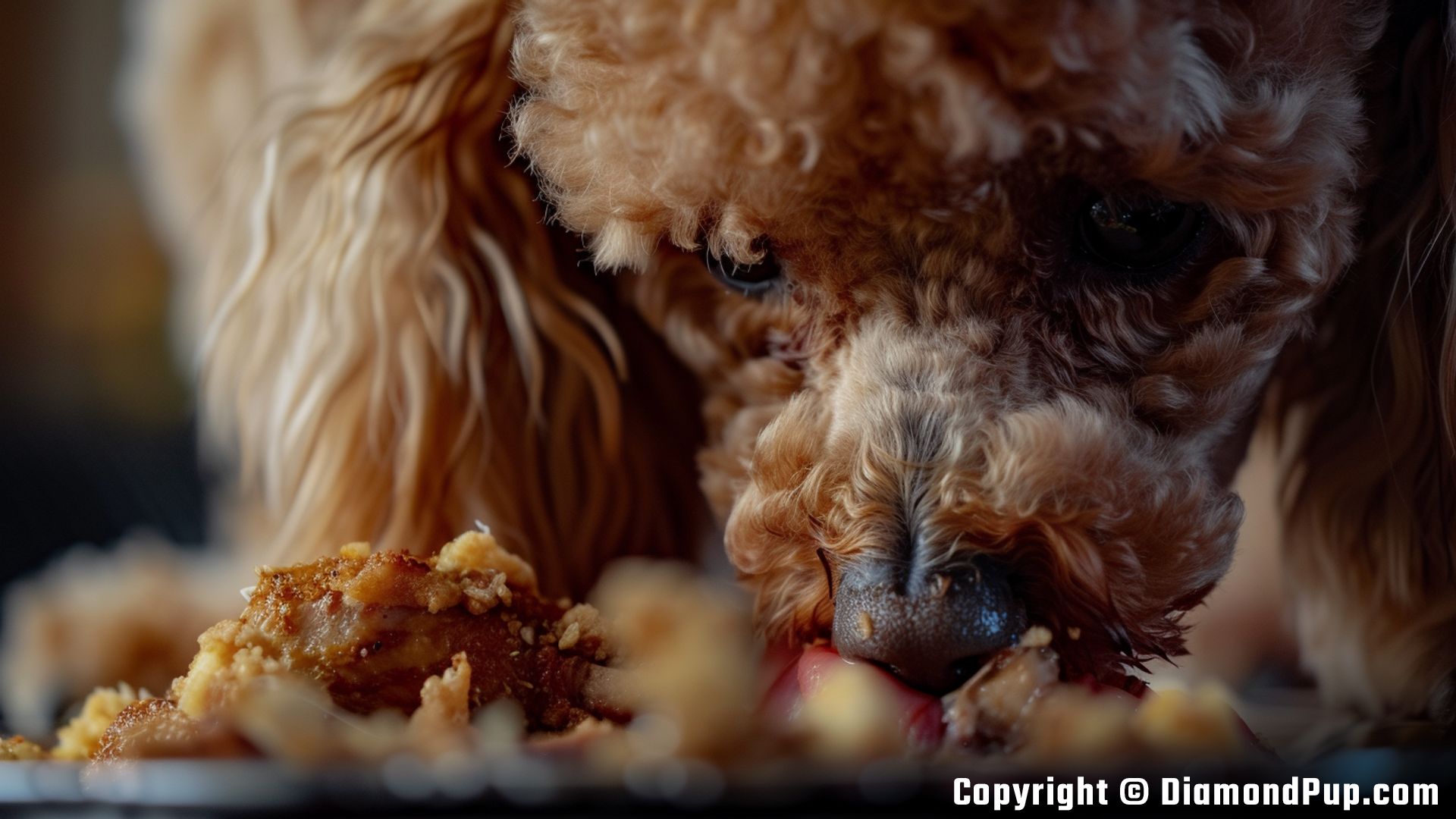 Photo of a Cute Poodle Eating Chicken