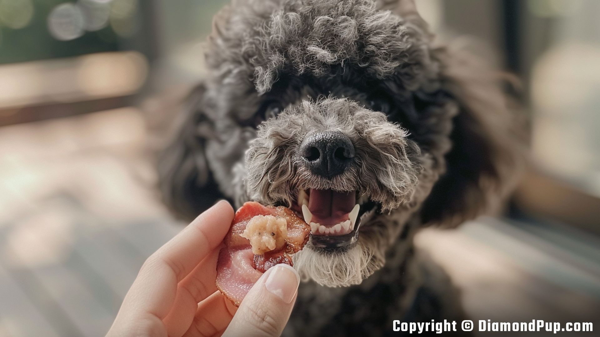 Photo of a Cute Poodle Snacking on Bacon