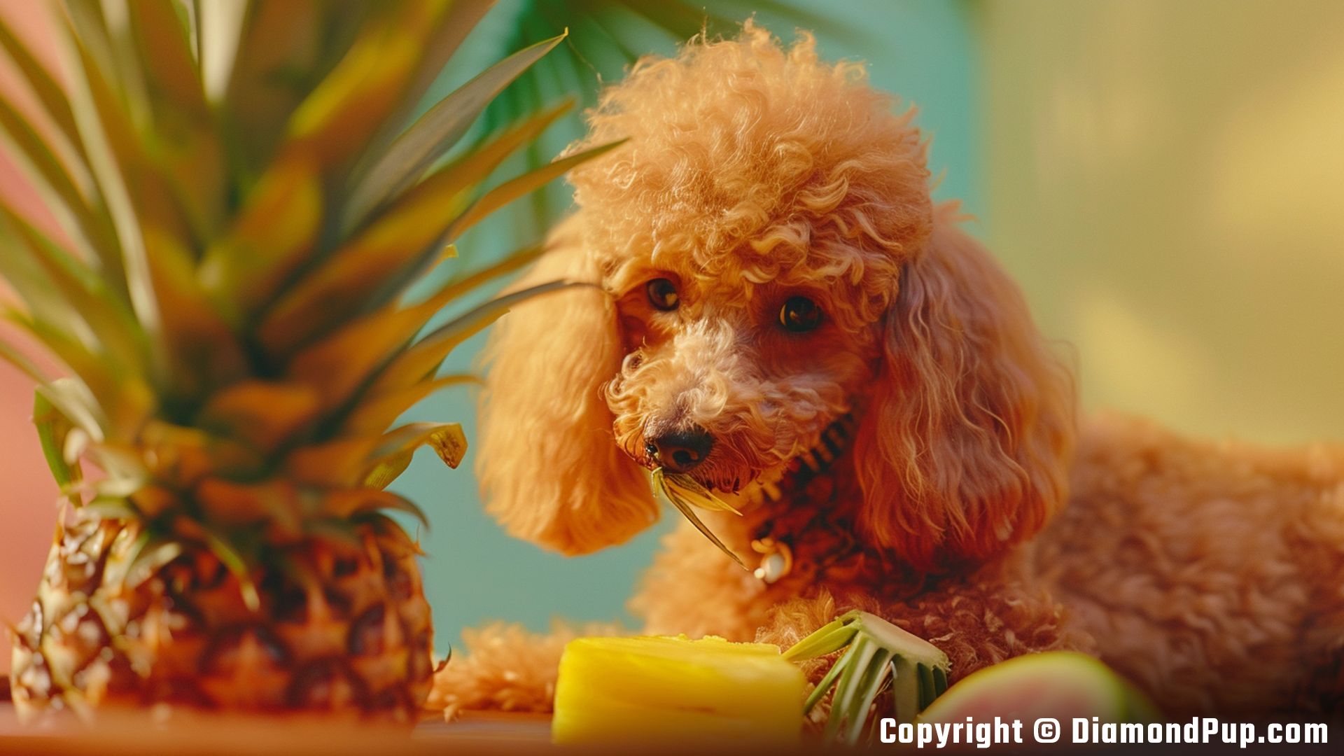 Photo of a Cute Poodle Snacking on Pineapple