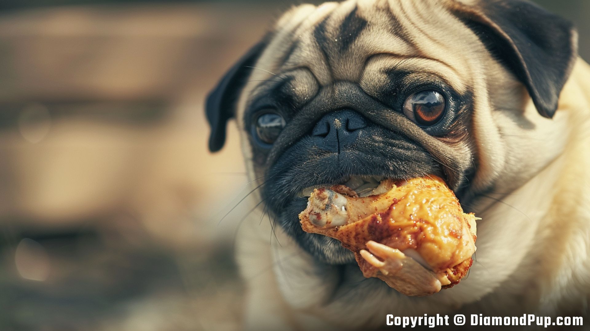 Photo of a Cute Pug Snacking on Chicken