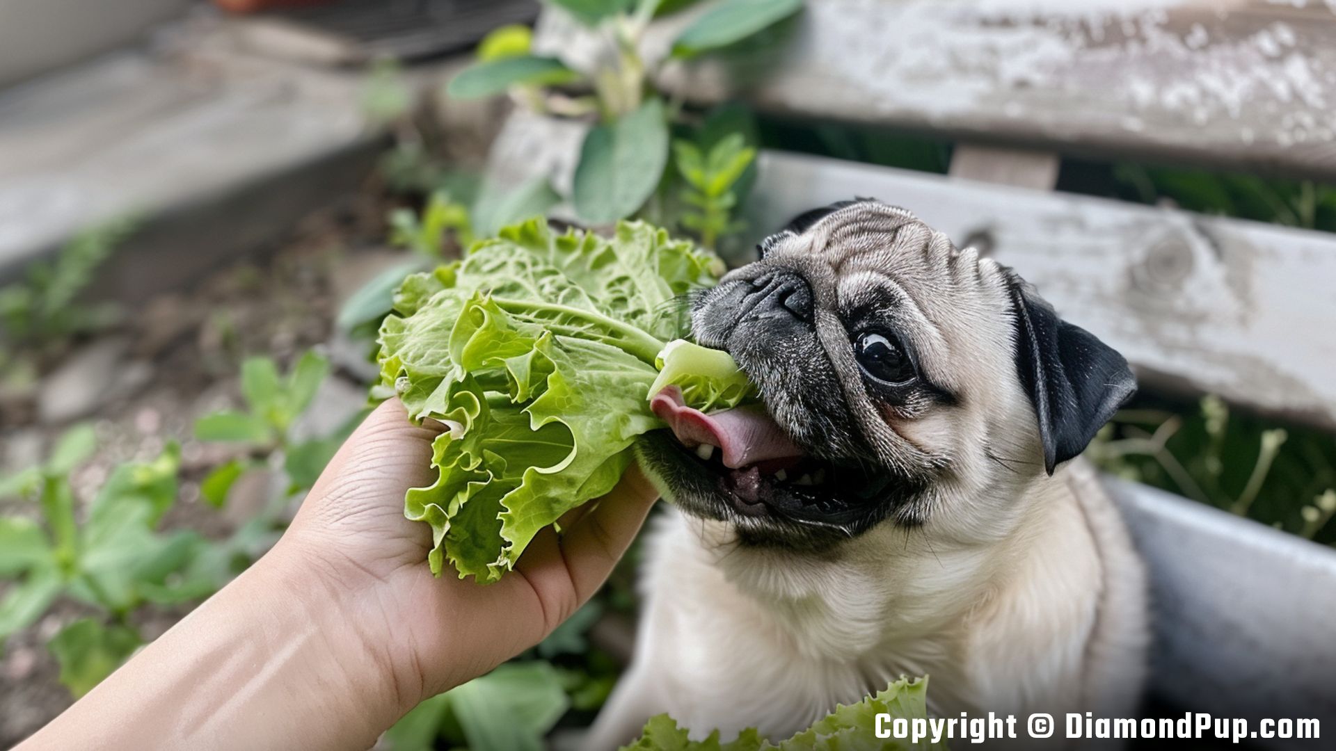 Photo of a Cute Pug Snacking on Lettuce