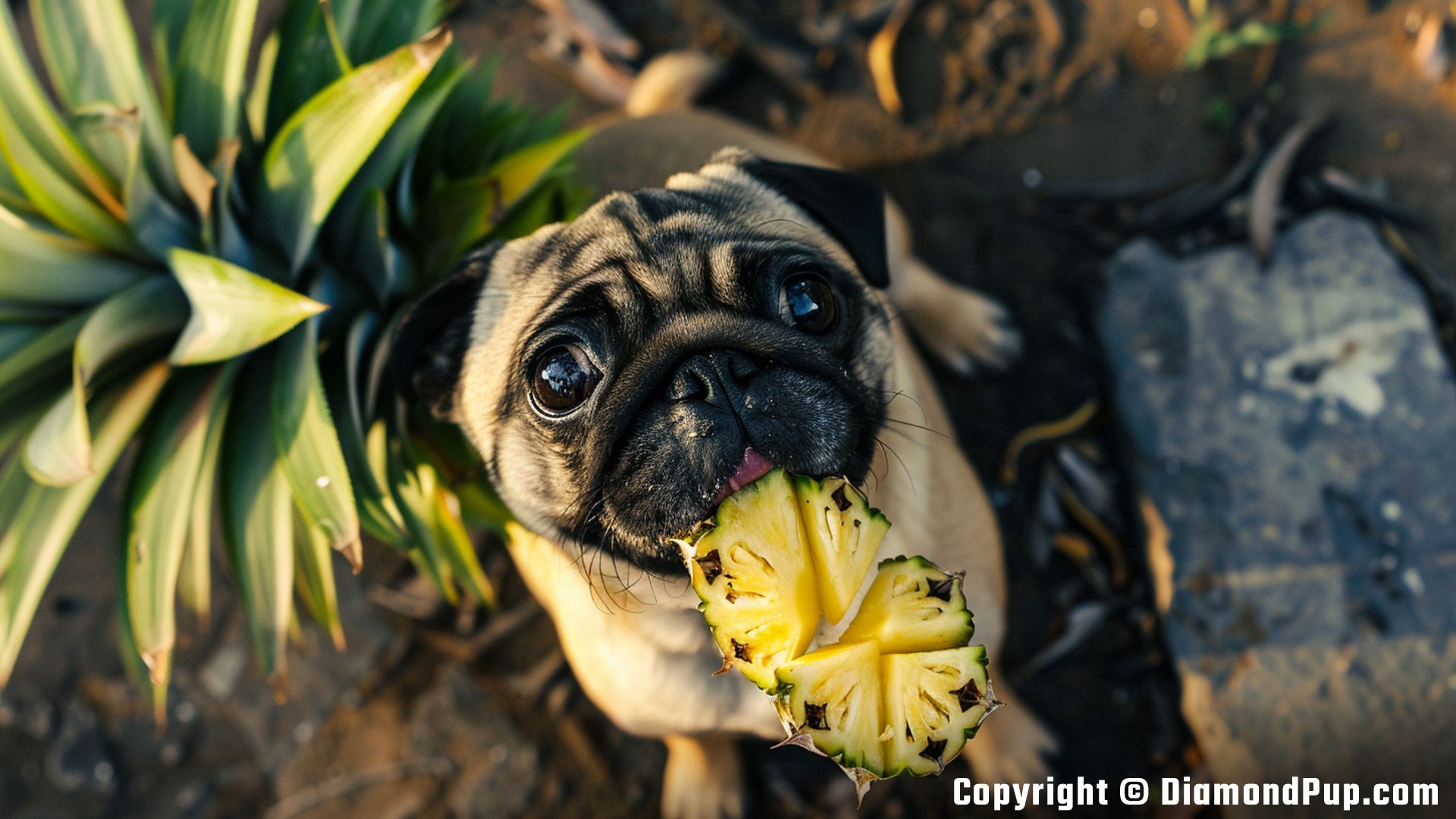 Photo of a Cute Pug Snacking on Pineapple