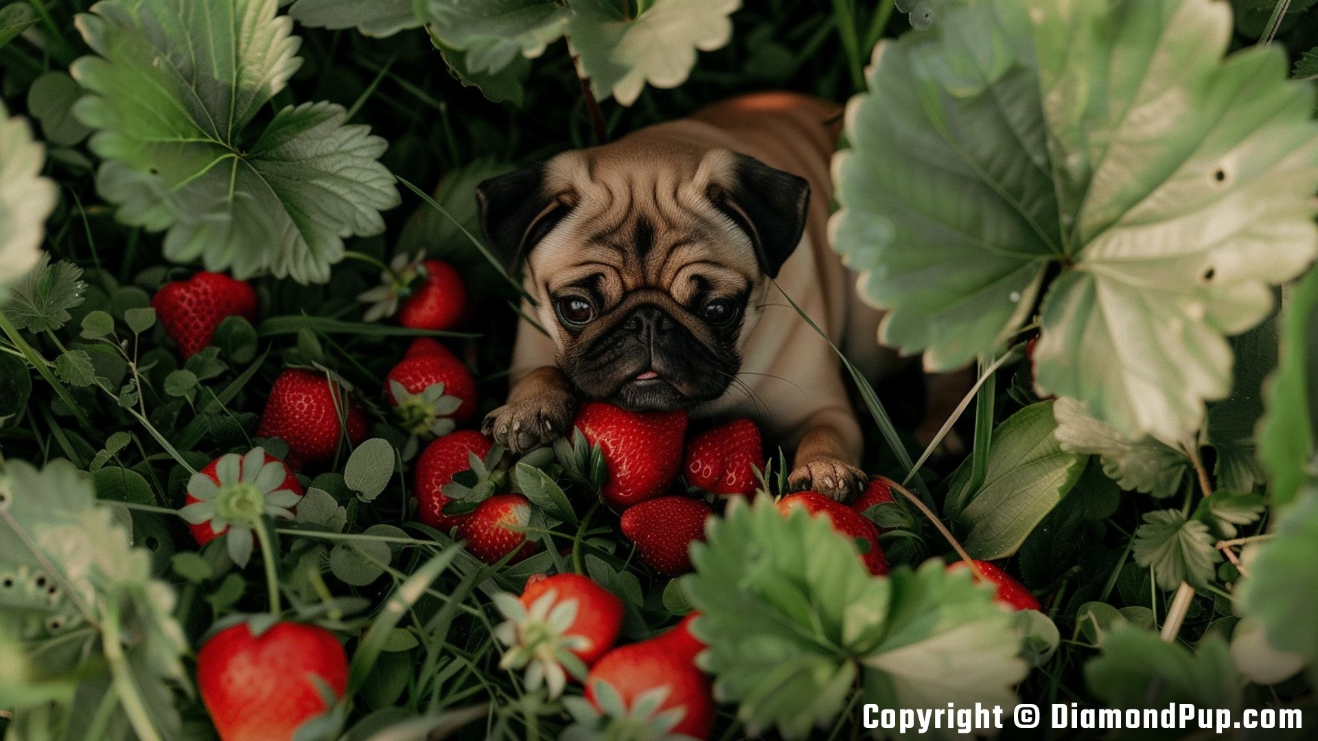 Photo of a Cute Pug Snacking on Strawberries