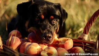 Photo of a Cute Rottweiler Eating Peaches