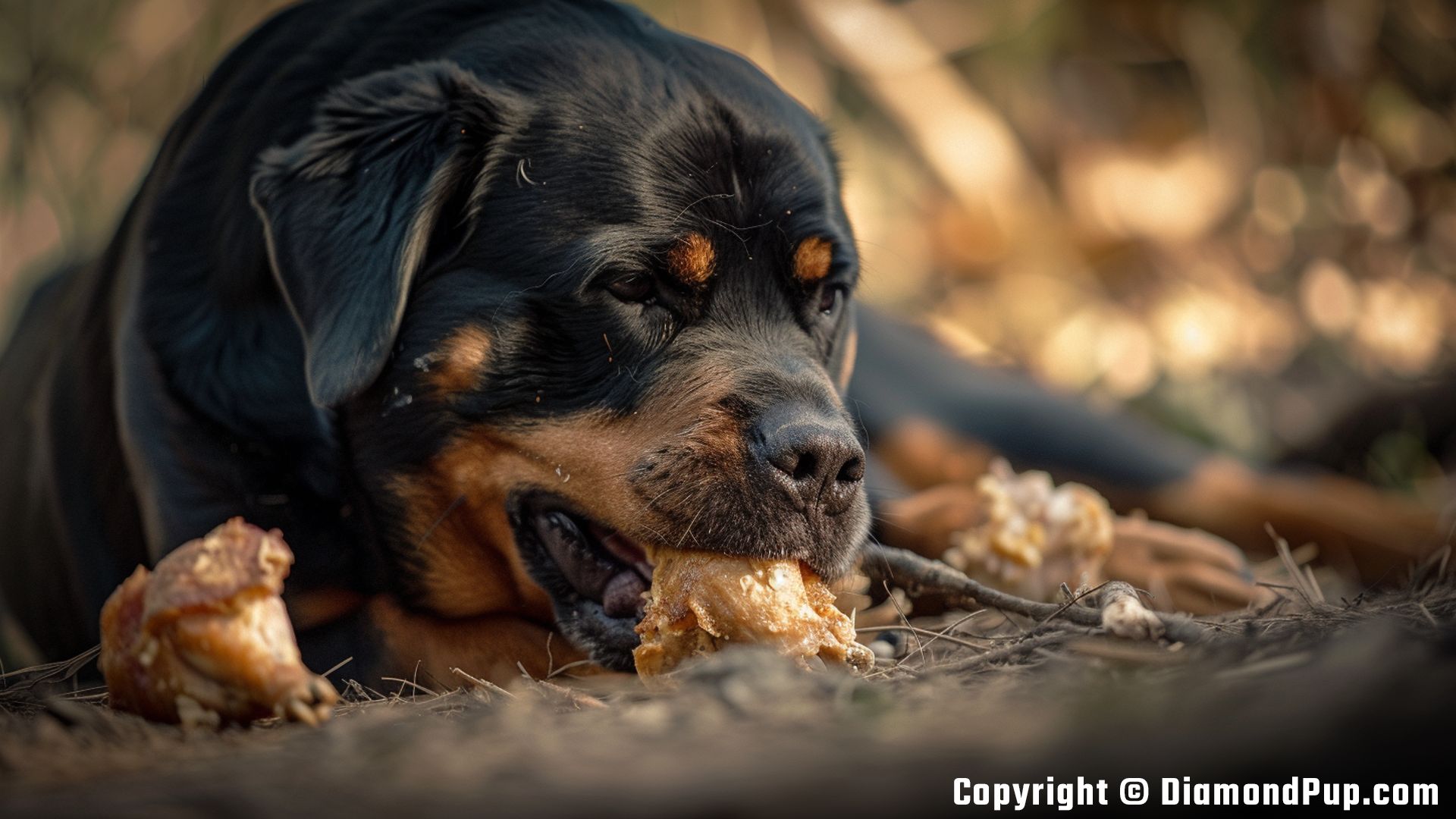 Photo of a Cute Rottweiler Snacking on Chicken