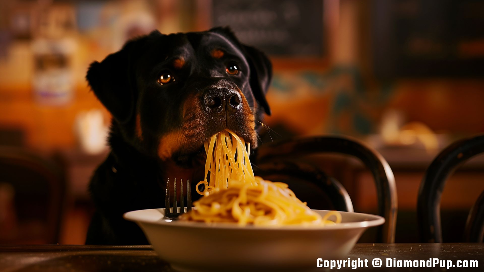 Photo of a Cute Rottweiler Snacking on Pasta