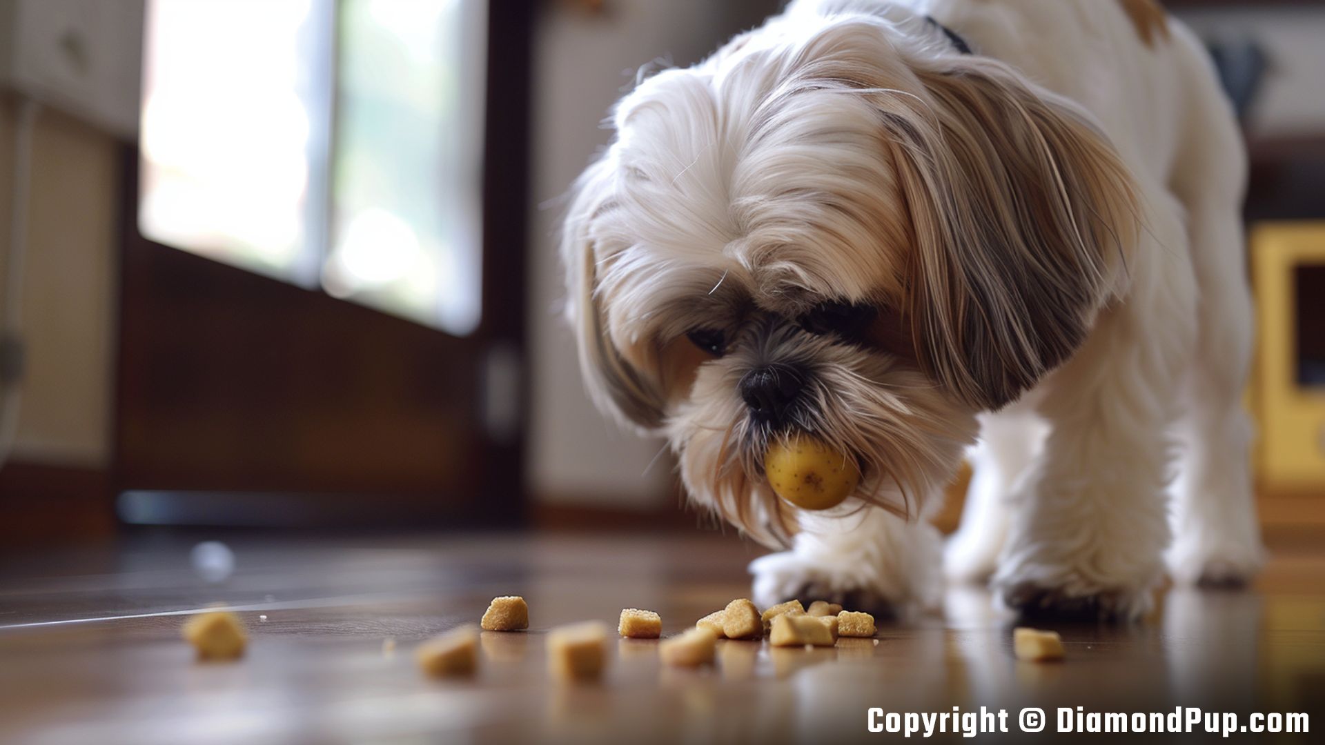 Photo of a Cute Shih Tzu Snacking on Potato