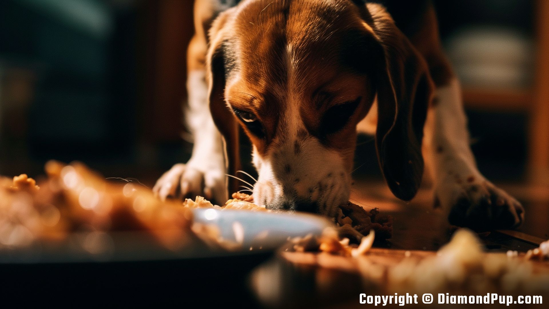 Photo of a Happy Beagle Eating Chicken