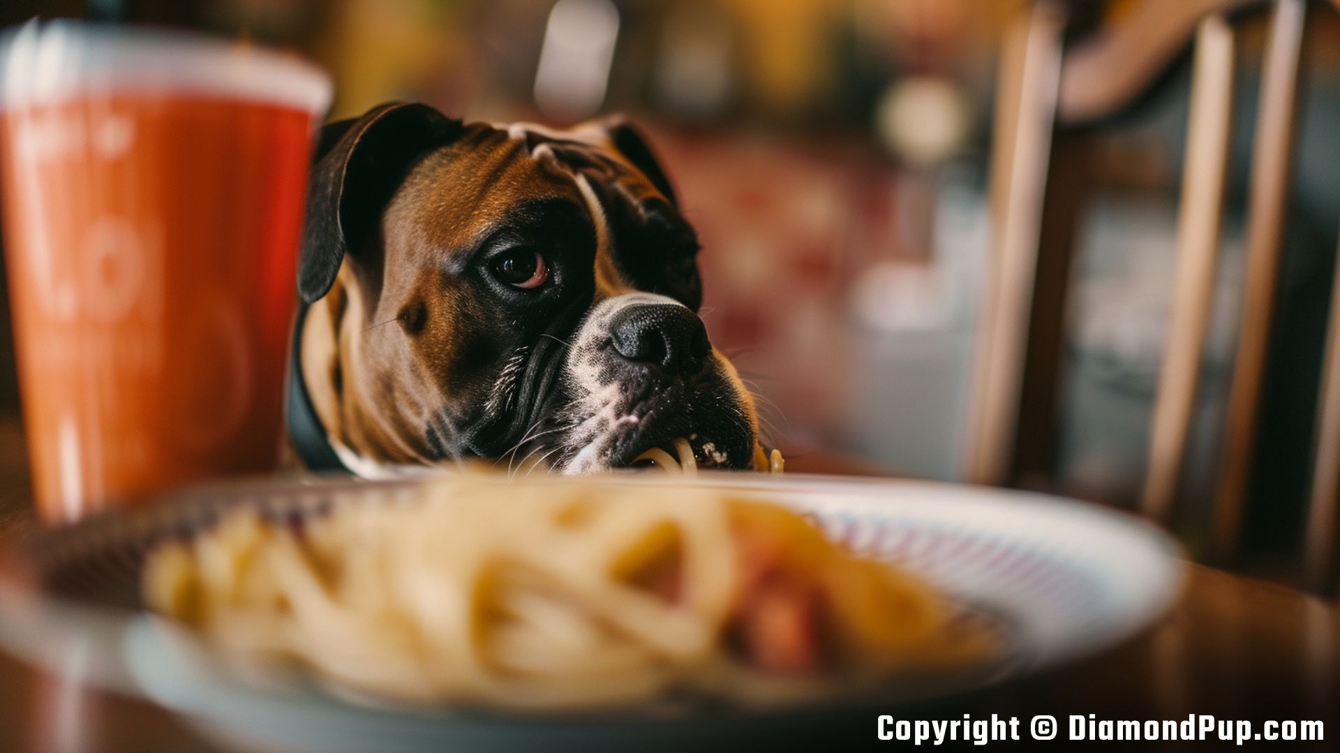 Photo of a Happy Boxer Eating Pasta