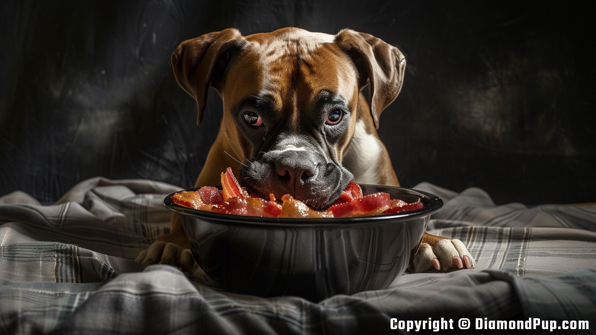 Photo of a Happy Boxer Snacking on Bacon