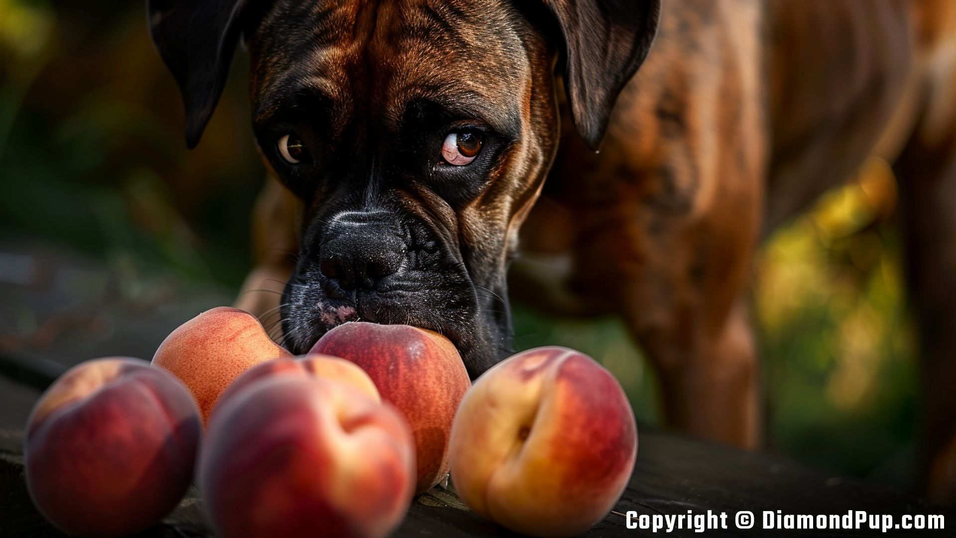 Photo of a Happy Boxer Snacking on Peaches