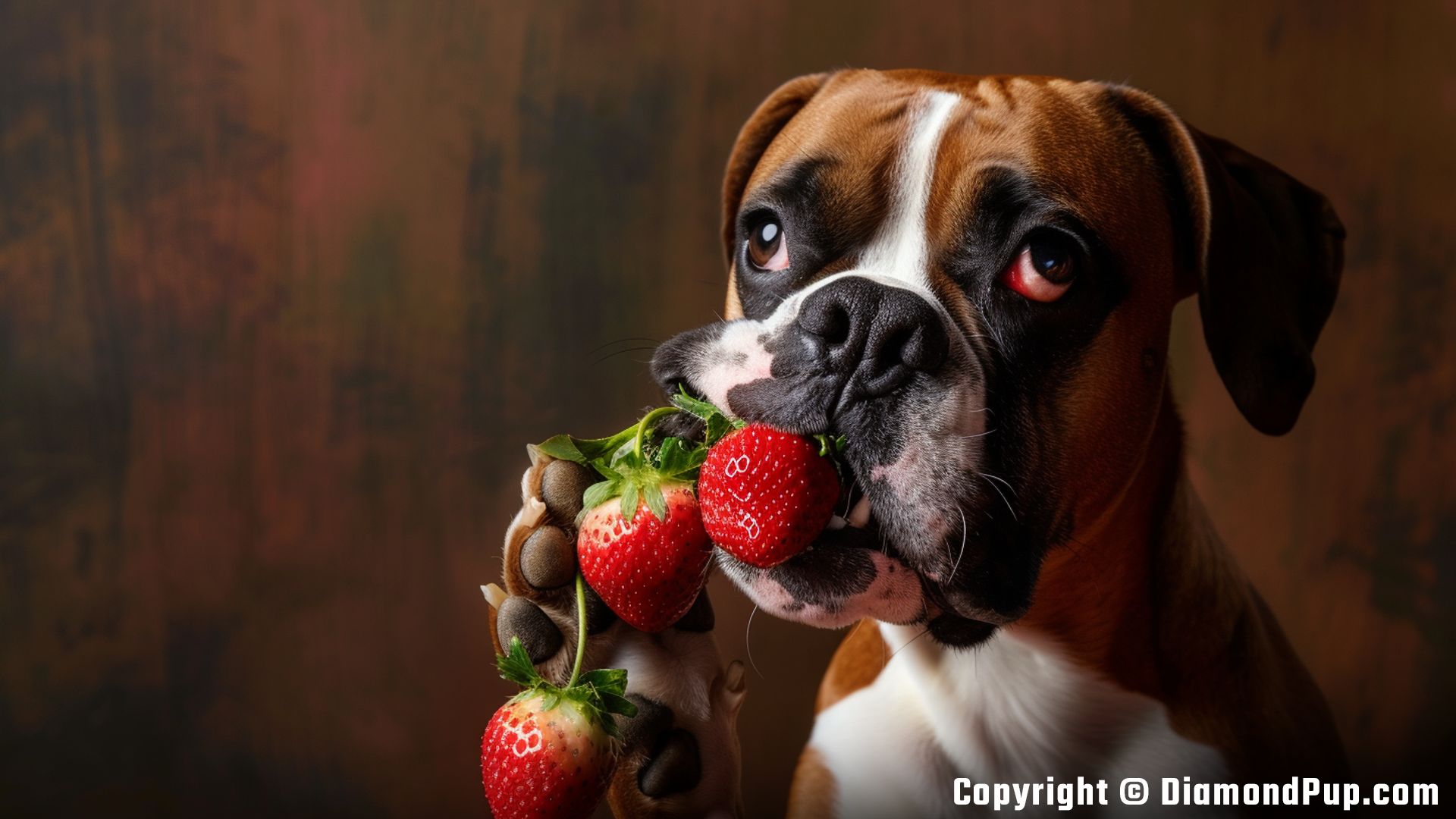 Photo of a Happy Boxer Snacking on Strawberries