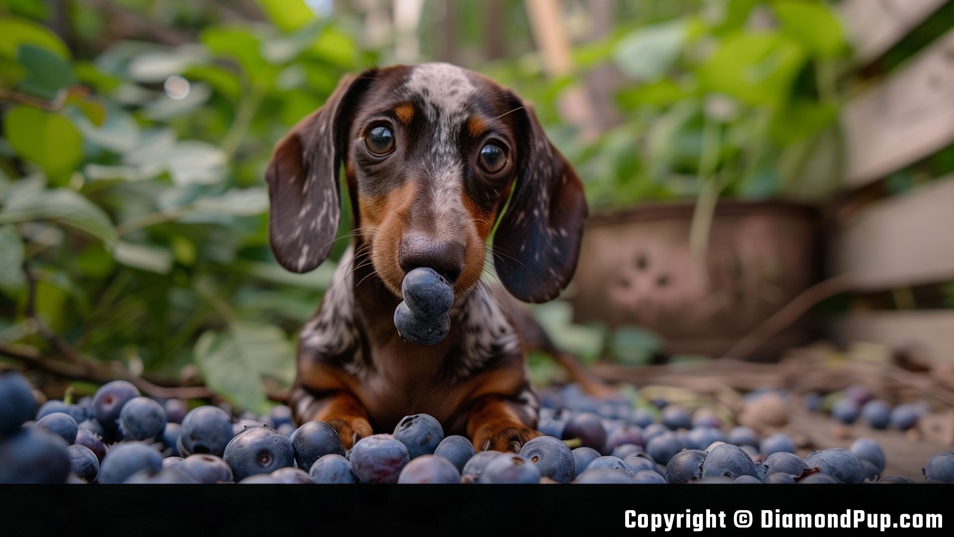 Photo of a Happy Dachshund Eating Blueberries