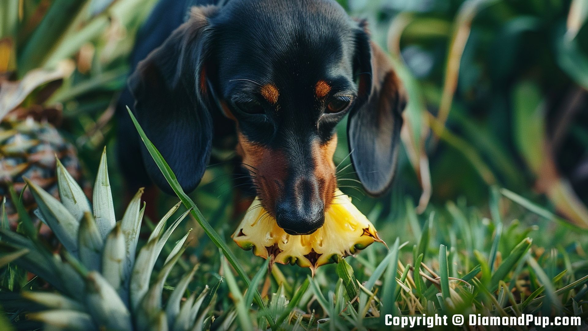 Photo of a Happy Dachshund Eating Pineapple