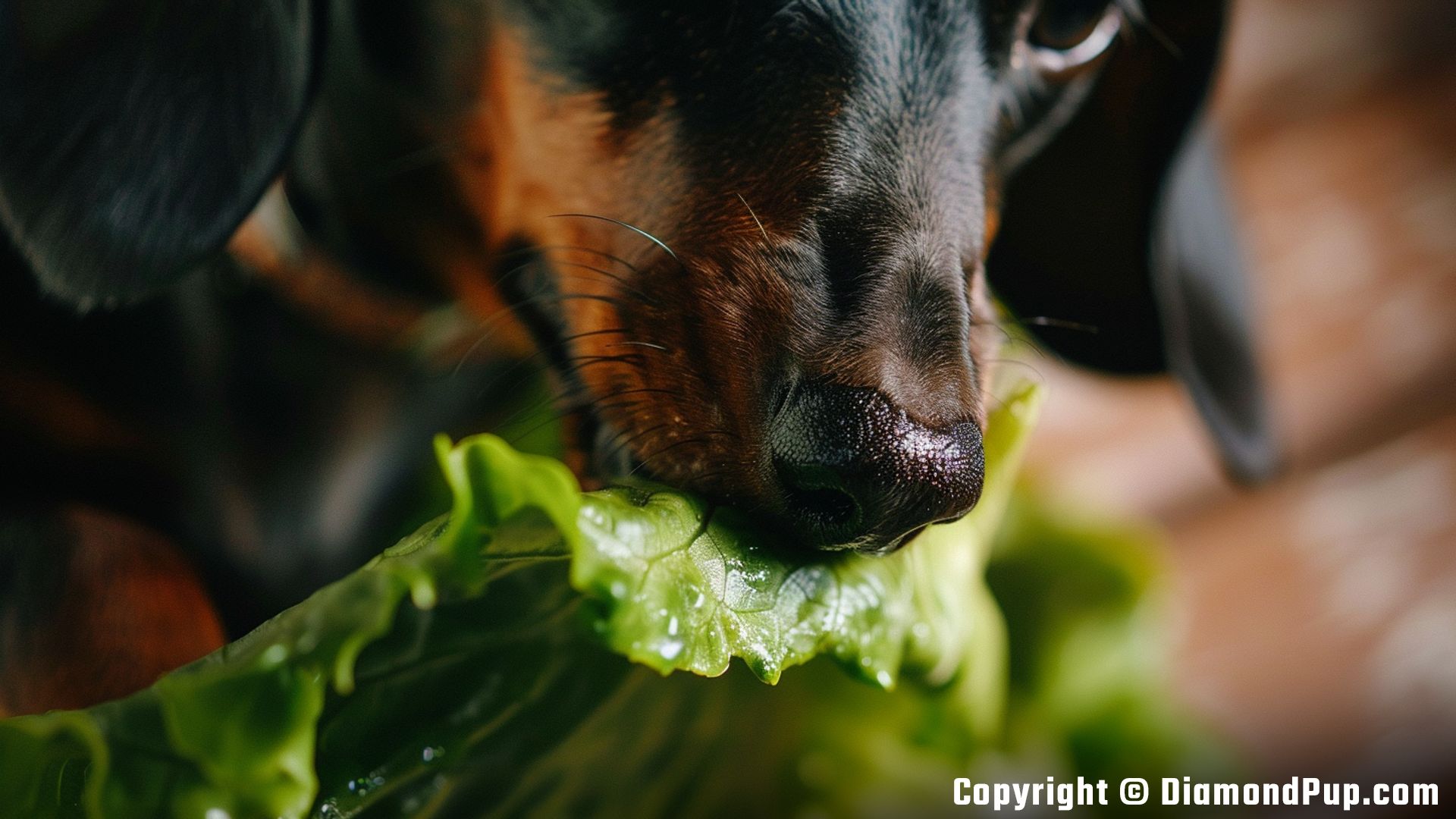 Photo of a Happy Dachshund Snacking on Lettuce