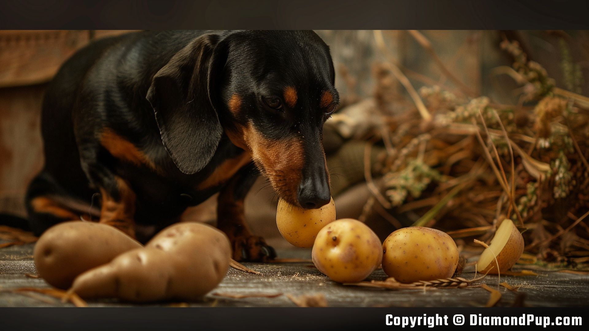 Photo of a Happy Dachshund Snacking on Potato