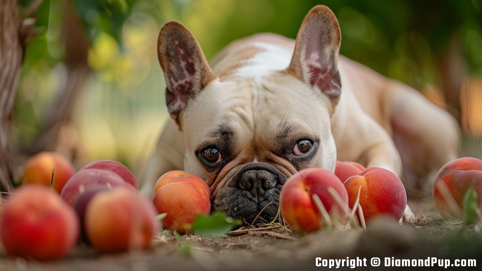 Photo of a Happy French Bulldog Snacking on Peaches