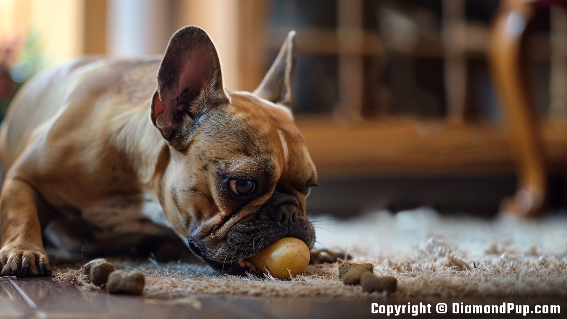 Photo of a Happy French Bulldog Snacking on Potato