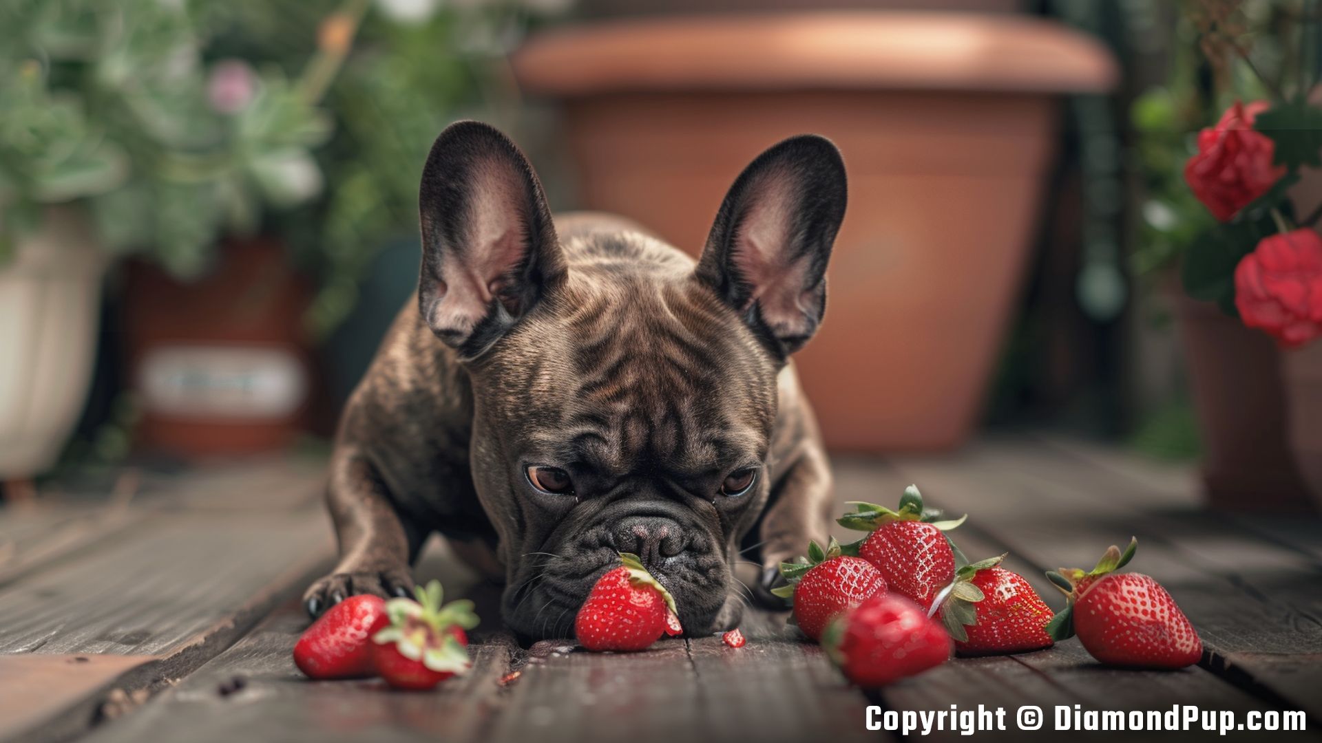 Photo of a Happy French Bulldog Snacking on Strawberries