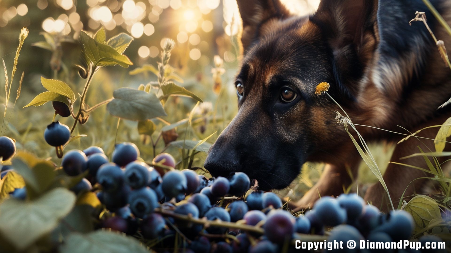 Photo of a Happy German Shepherd Snacking on Blueberries