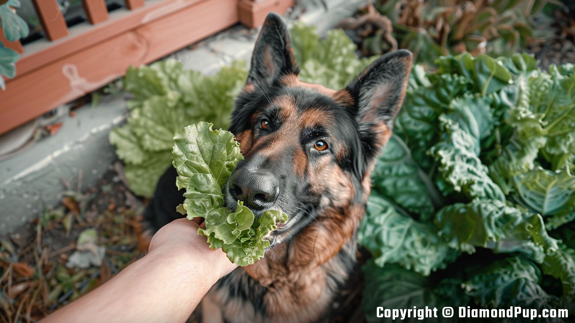 Photo of a Happy German Shepherd Snacking on Lettuce