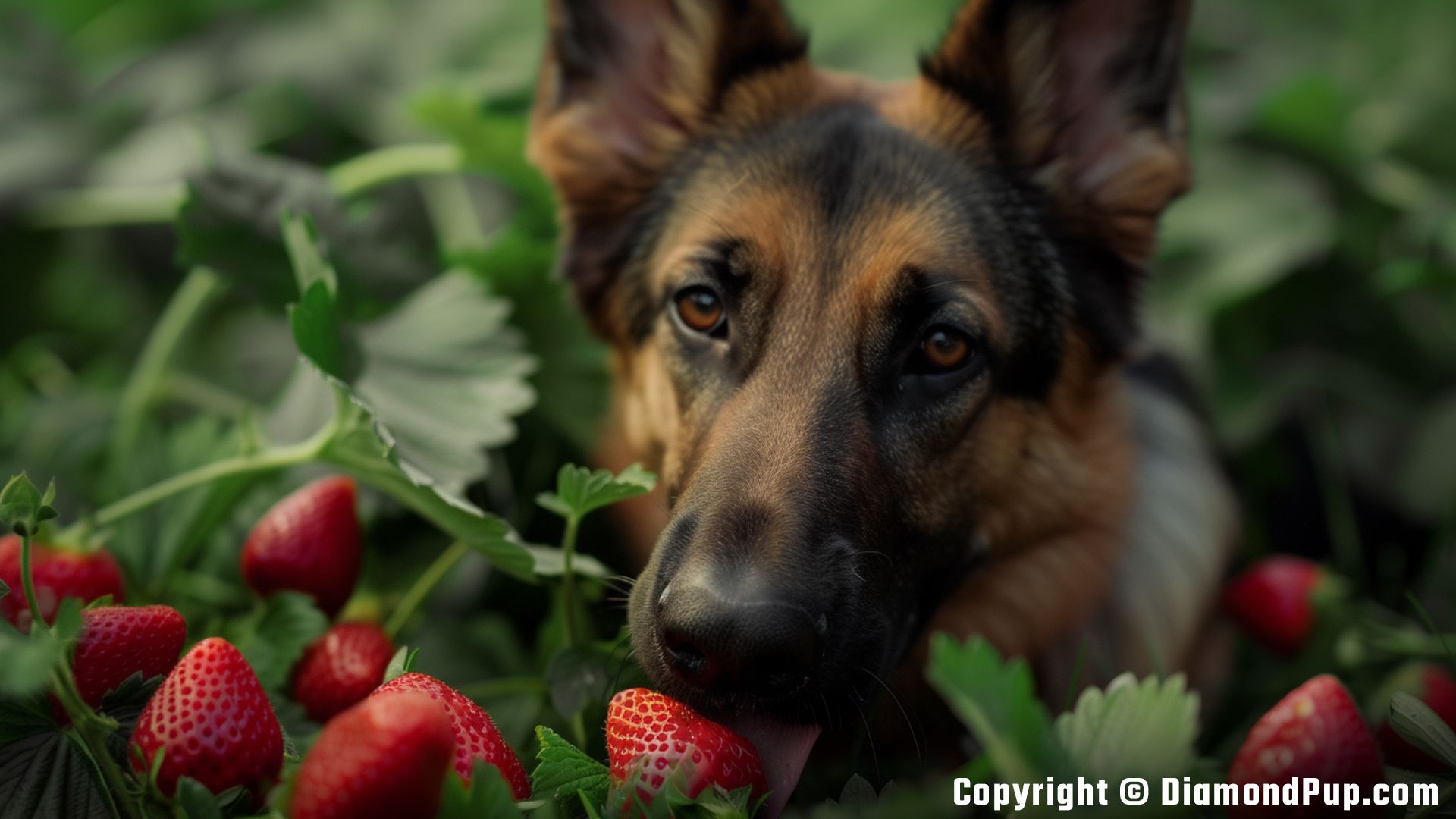 Photo of a Happy German Shepherd Snacking on Strawberries