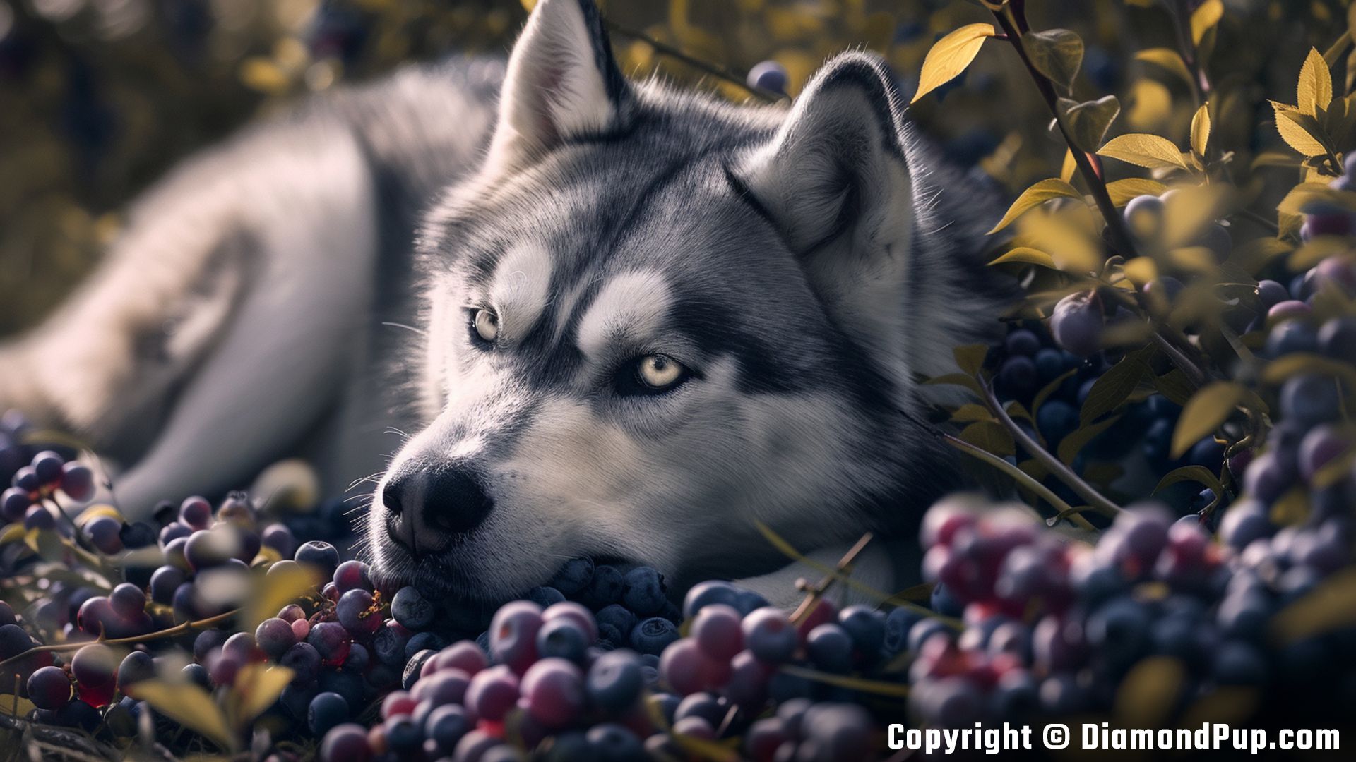 Photo of a Happy Husky Eating Blueberries