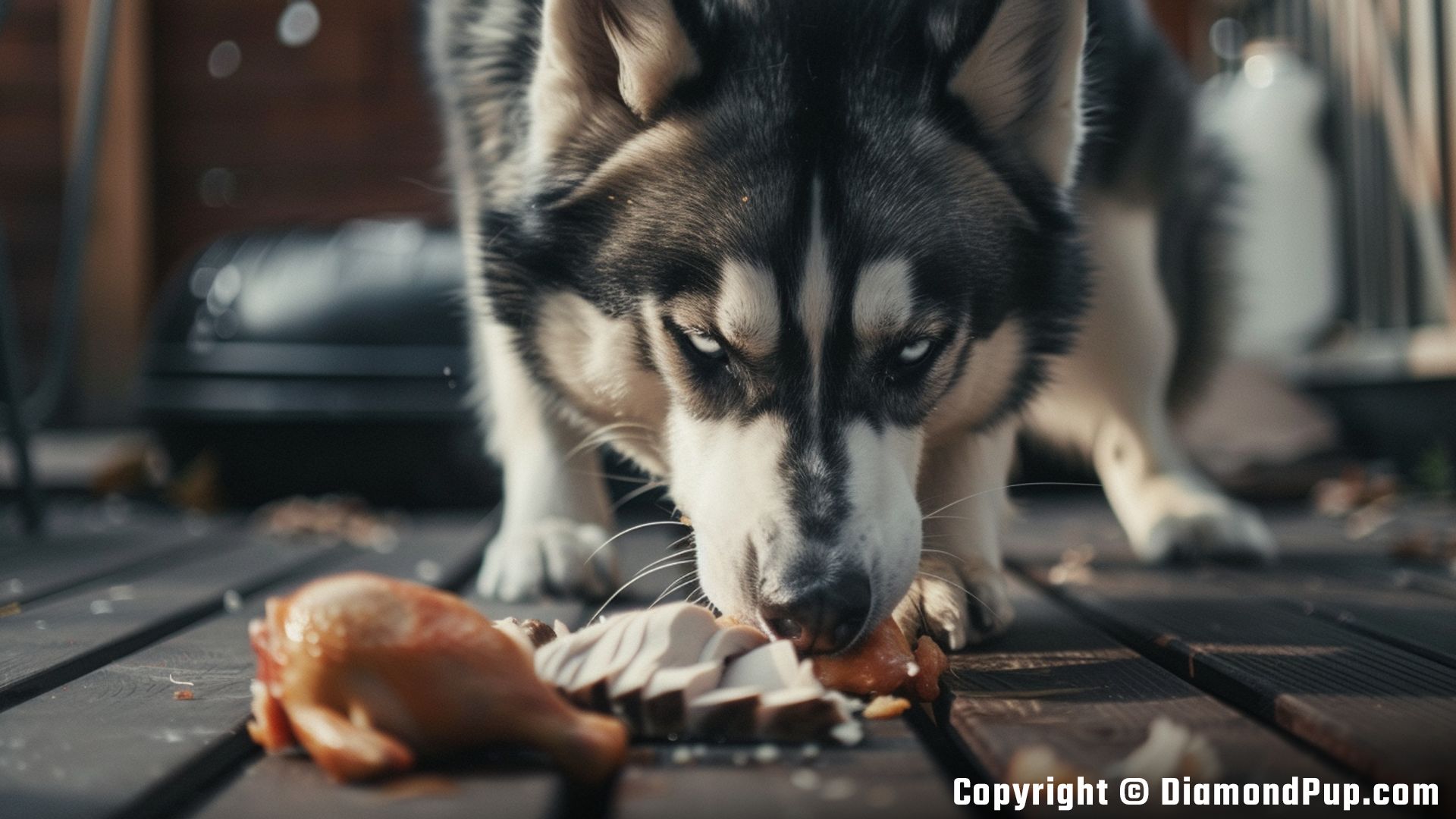 Photo of a Happy Husky Eating Chicken