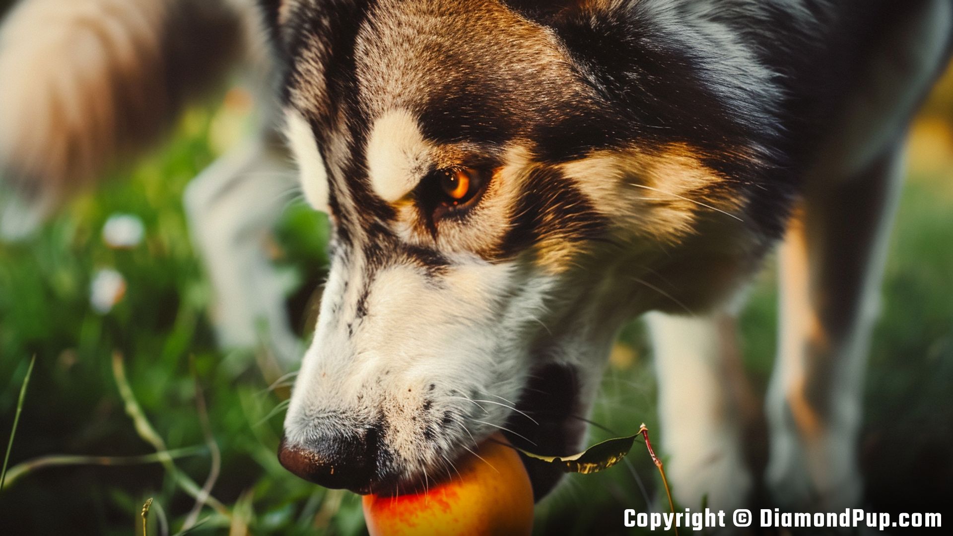 Photo of a Happy Husky Snacking on Peaches