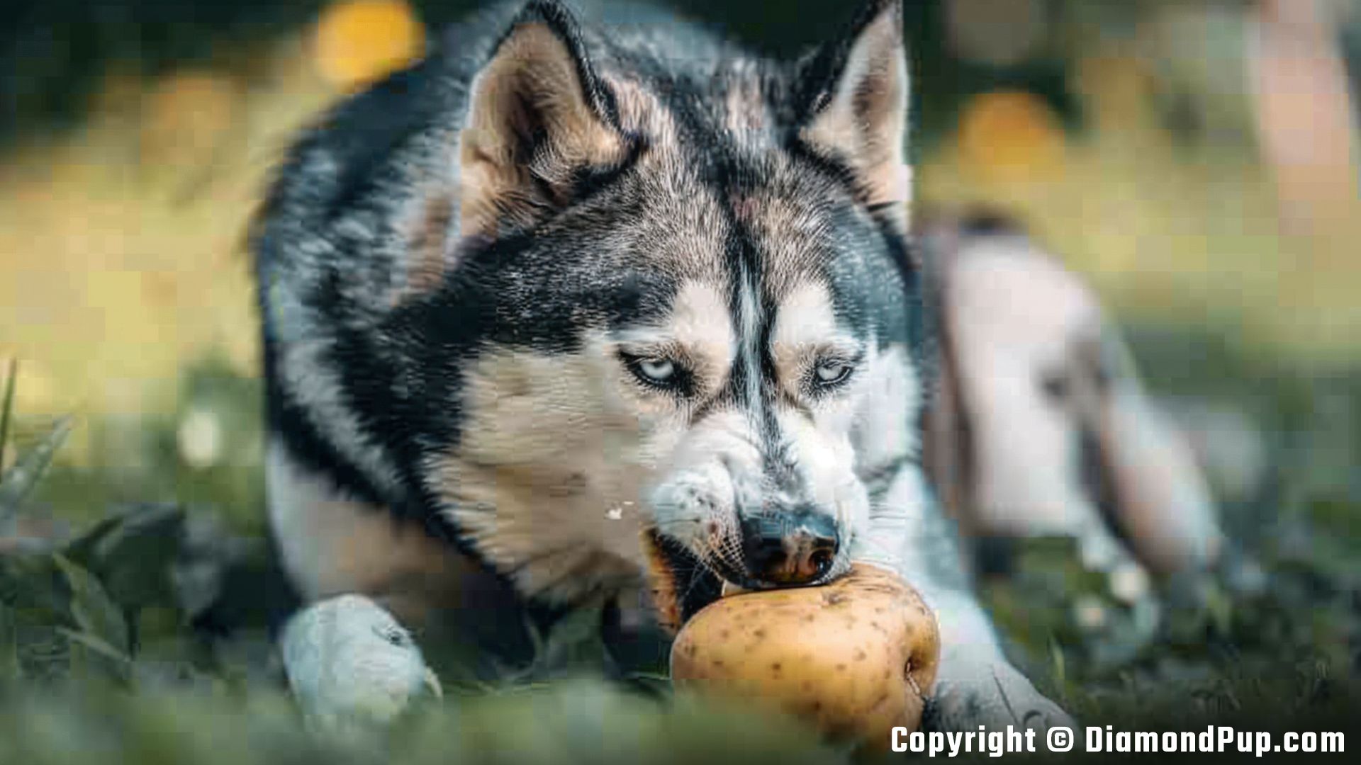 Photo of a Happy Husky Snacking on Potato