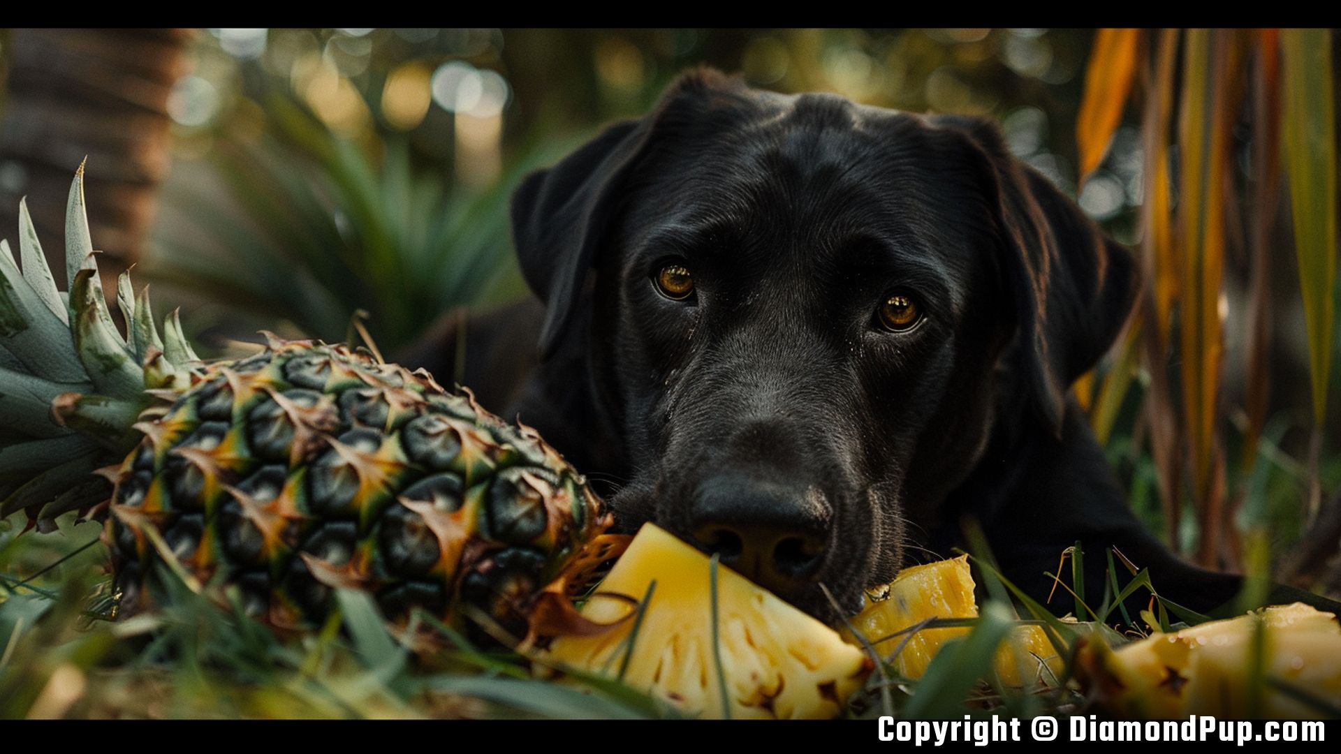 Photo of a Happy Labrador Eating Pineapple