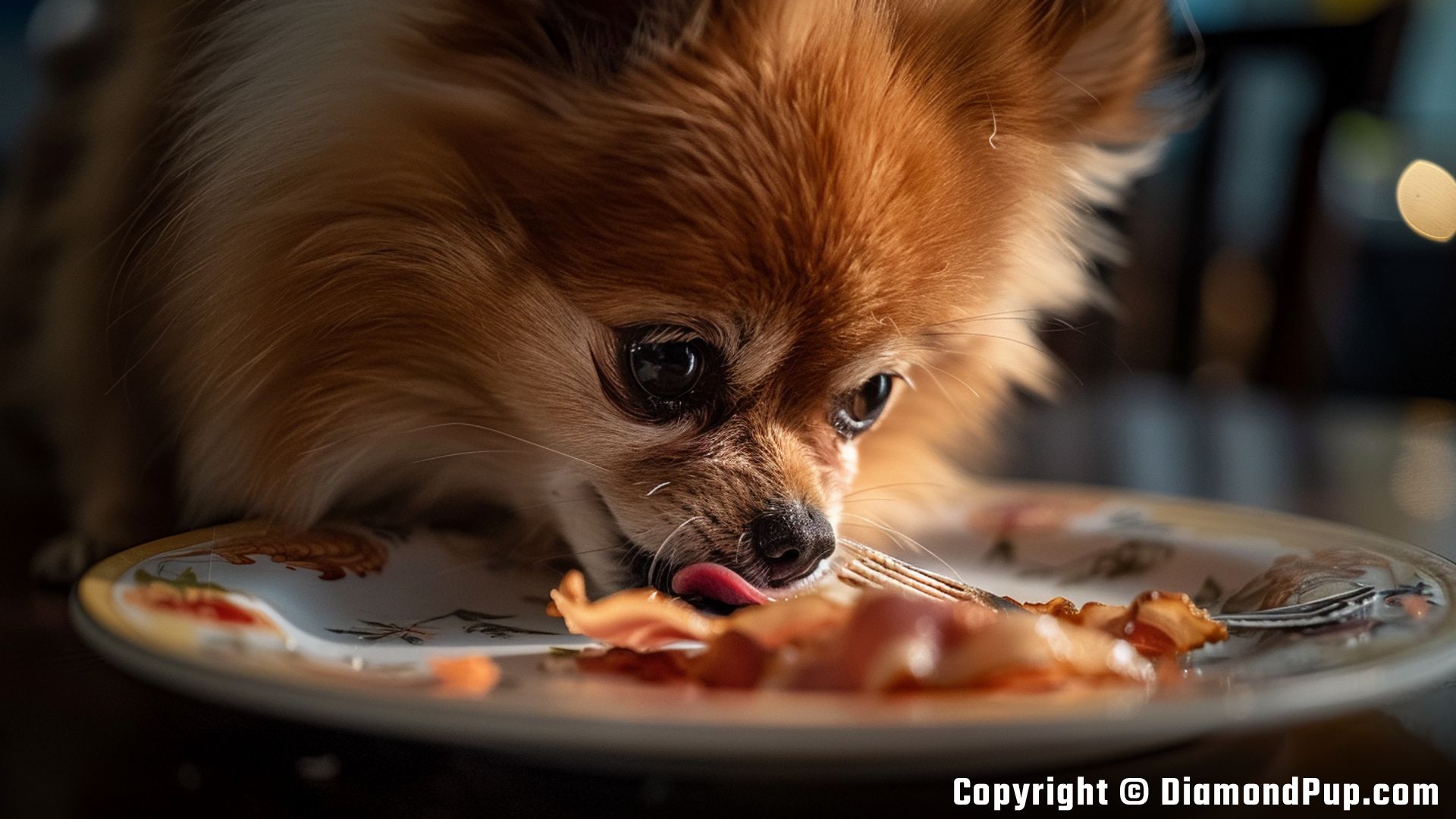 Photo of a Happy Pomeranian Eating Bacon