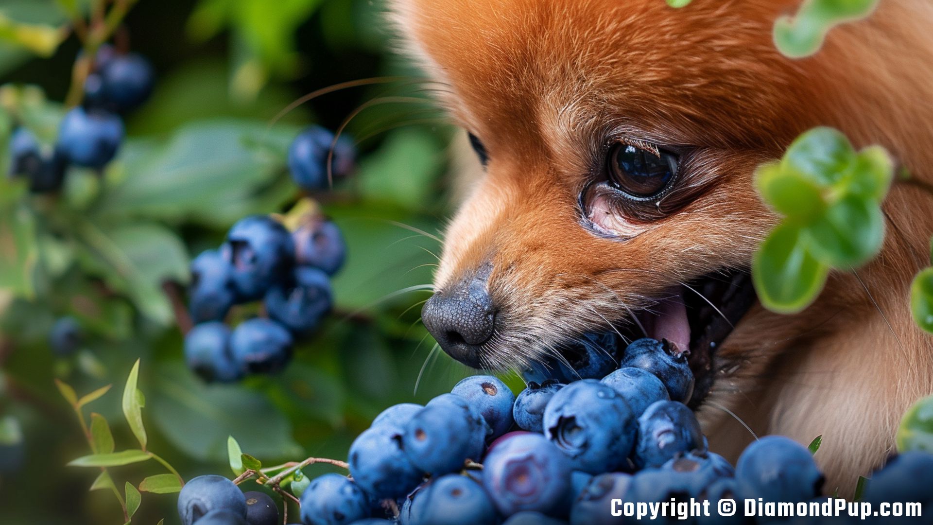 Photo of a Happy Pomeranian Eating Blueberries