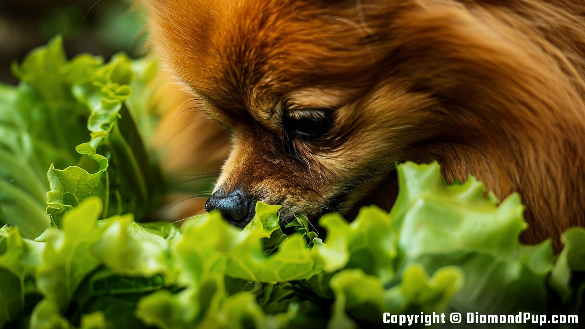 Photo of a Happy Pomeranian Snacking on Lettuce