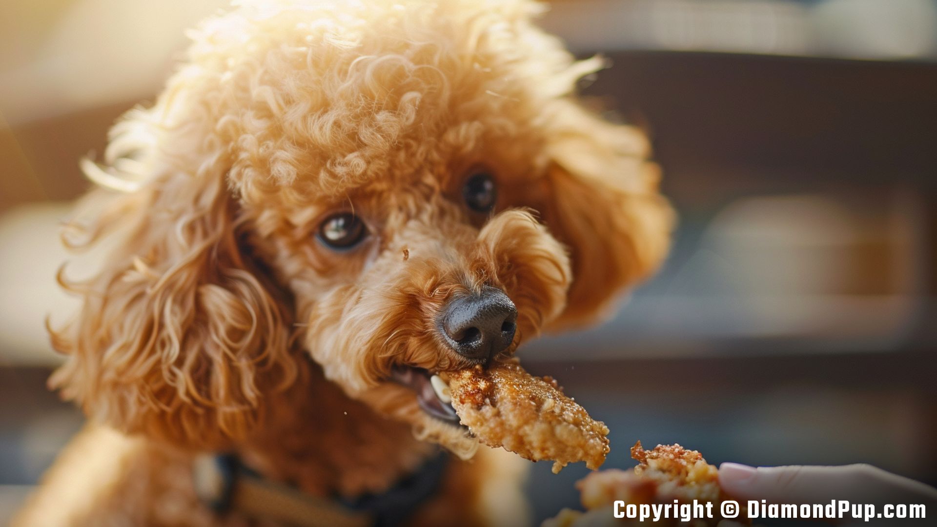 Photo of a Happy Poodle Snacking on Chicken