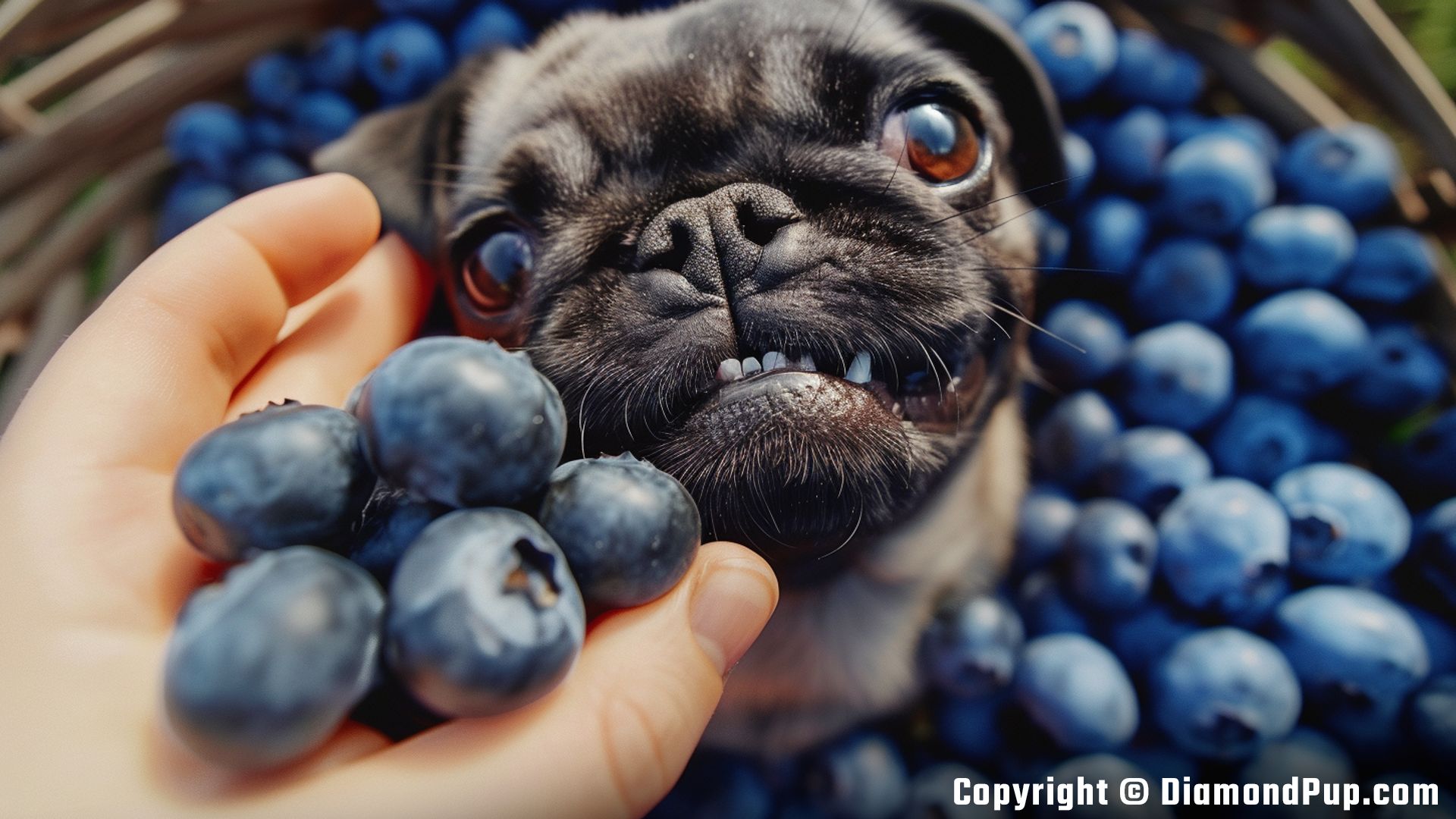 Photo of a Happy Pug Eating Blueberries