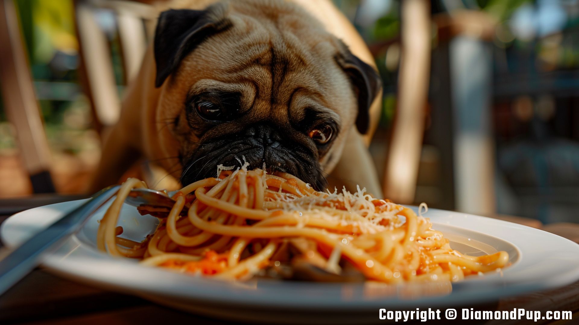Photo of a Happy Pug Eating Pasta