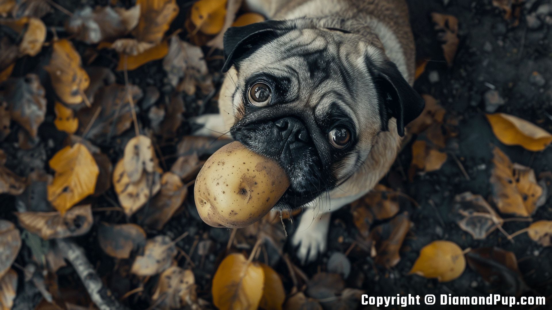 Photo of a Happy Pug Eating Potato
