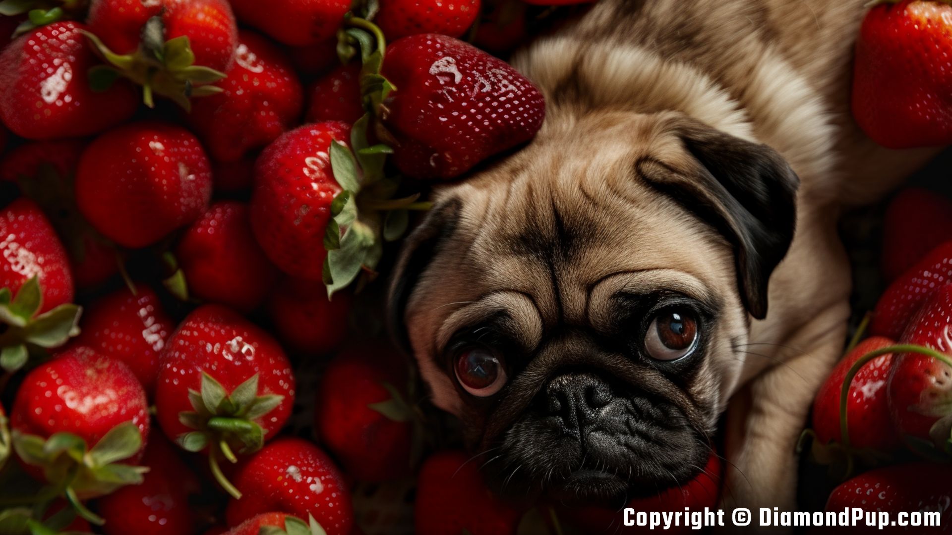 Photo of a Happy Pug Eating Strawberries