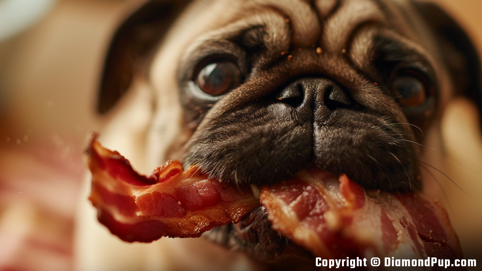 Photo of a Happy Pug Snacking on Bacon